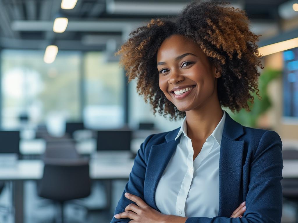 Professional woman smiling in a modern office environment with arms crossed, showcasing confidence and success.