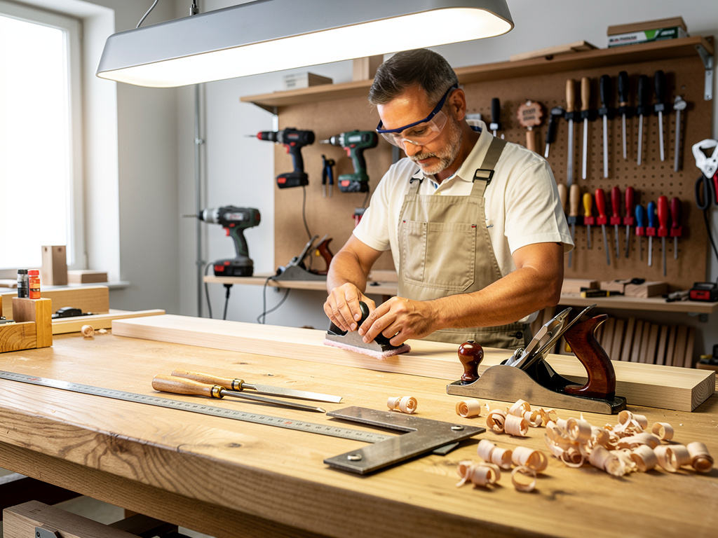 Carpintero trabajando madera en taller con herramientas, cepillo manual y banco de trabajo