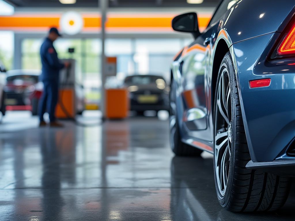 Coche deportivo azul estacionado en una gasolinera con un hombre llenando combustible en segundo plano.