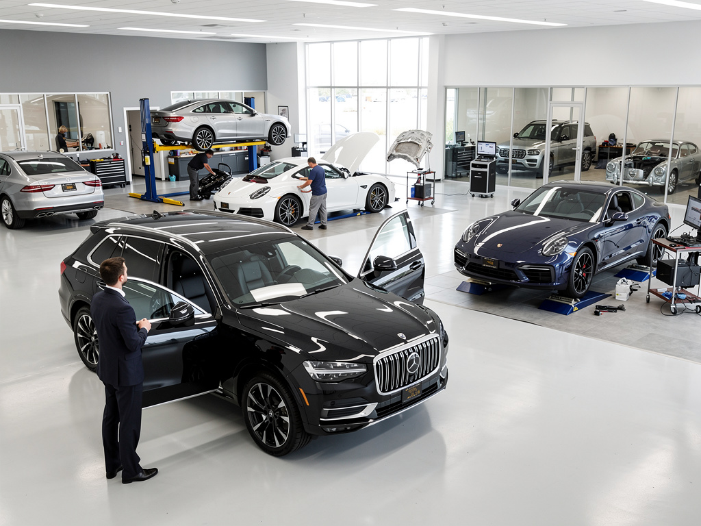 Luxury automotive service center with mechanics working on Porsche, Mercedes, and other premium cars in a modern repair workshop