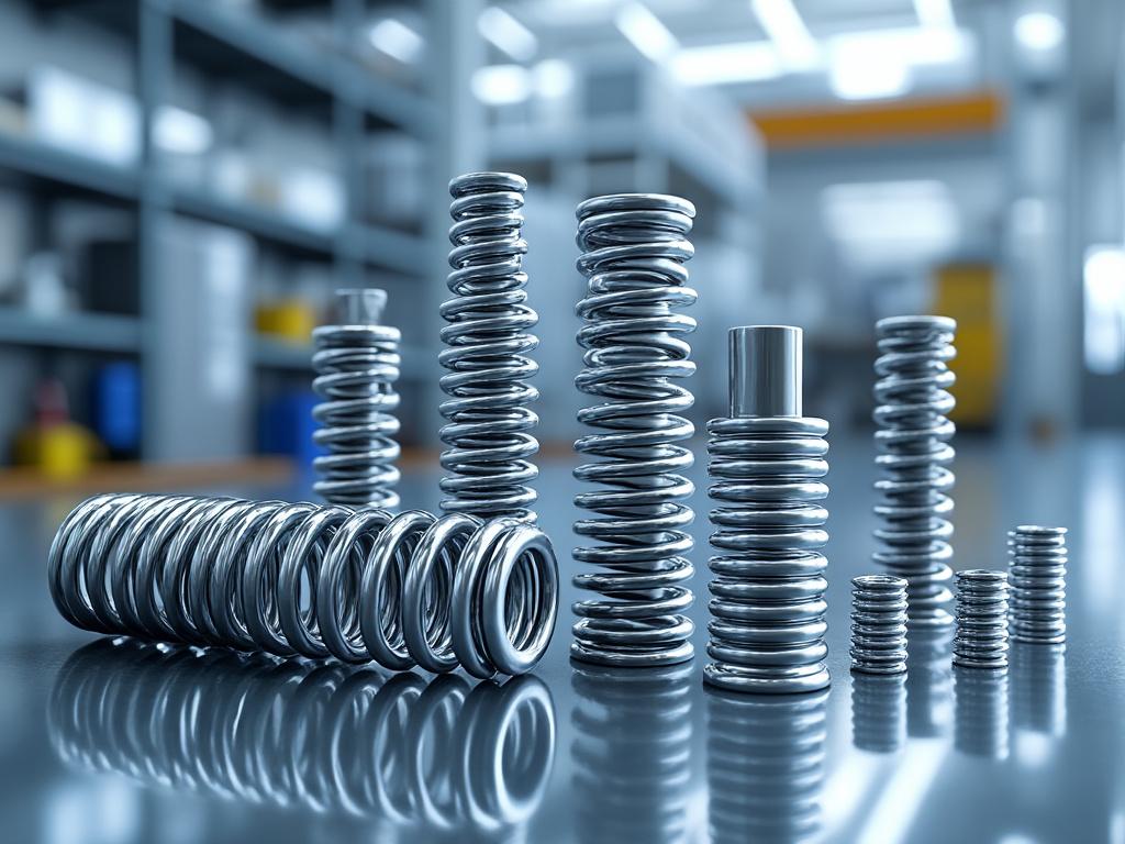 Muelles de metal de diferentes tamaños en una superficie de mesa en un entorno industrial.