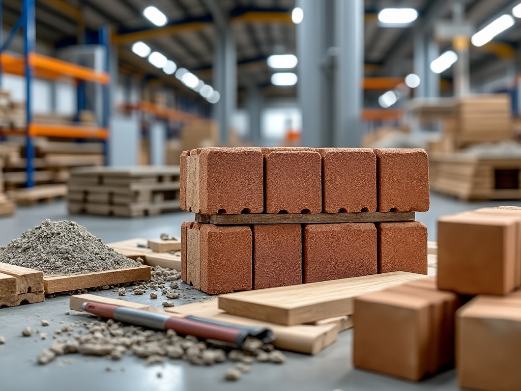 Bloques de construcción de ladrillo apilados en un almacén, rodeados de madera y polvo, con estanterías y columnas de fondo.