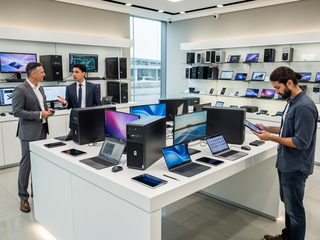 Tienda de tecnología moderna con computadoras, laptops y smartphones en exhibición y clientes probando dispositivos