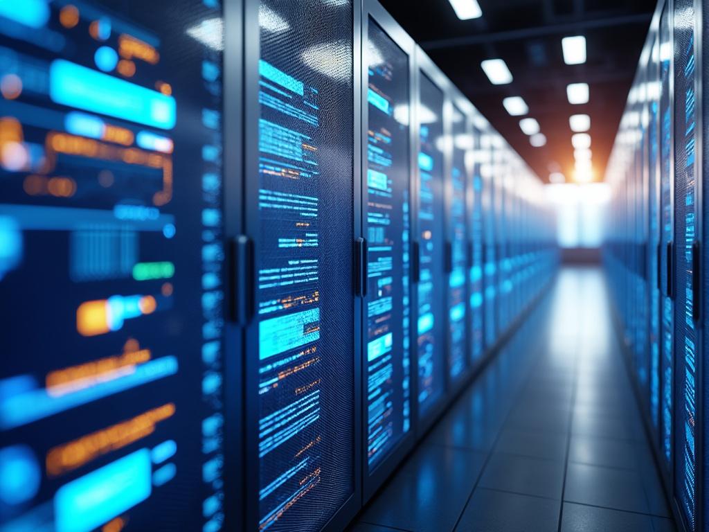 Modern data center corridor with illuminated server racks and digital displays.