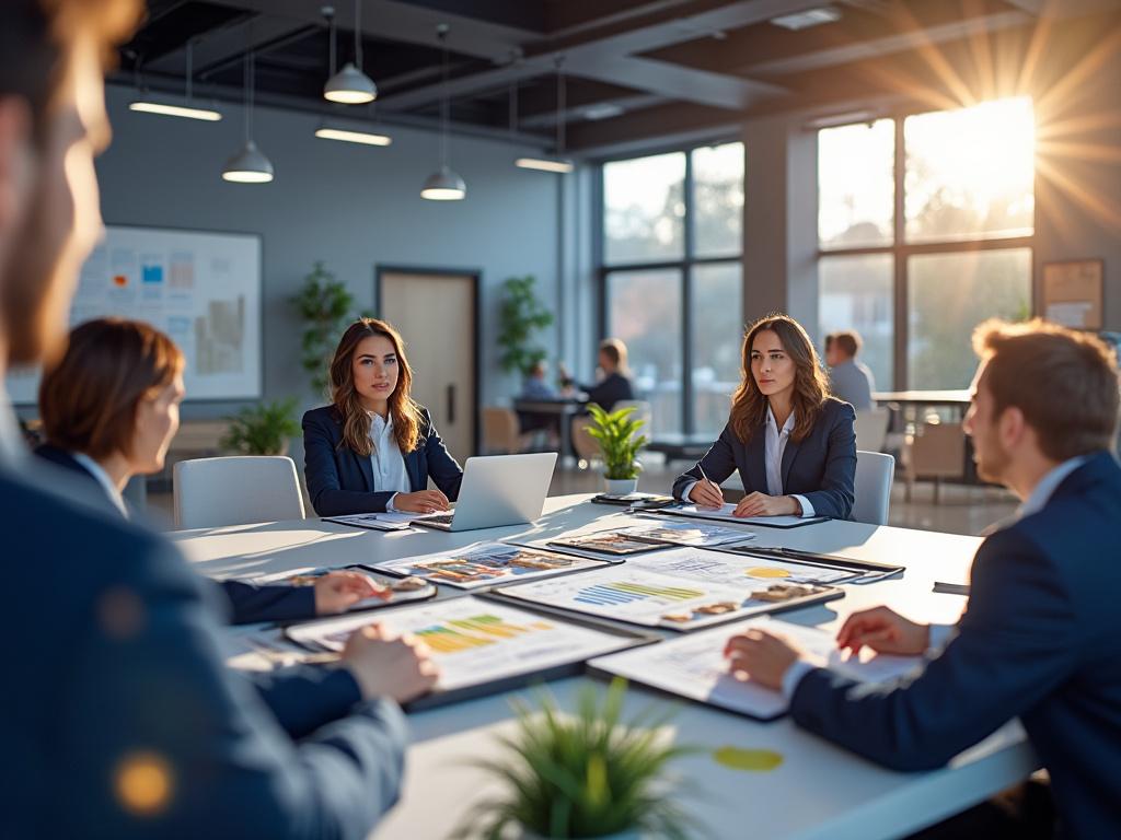 Reunión de negocios con cinco personas vestidas de traje, sentadas alrededor de una mesa con documentos y gráficos, en una sala moderna iluminada por luz natural.