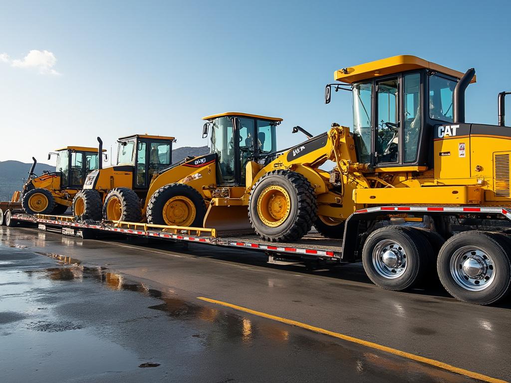 Cargadores de ruedas amarillos CAT en remolque de transporte en una carretera mojada.