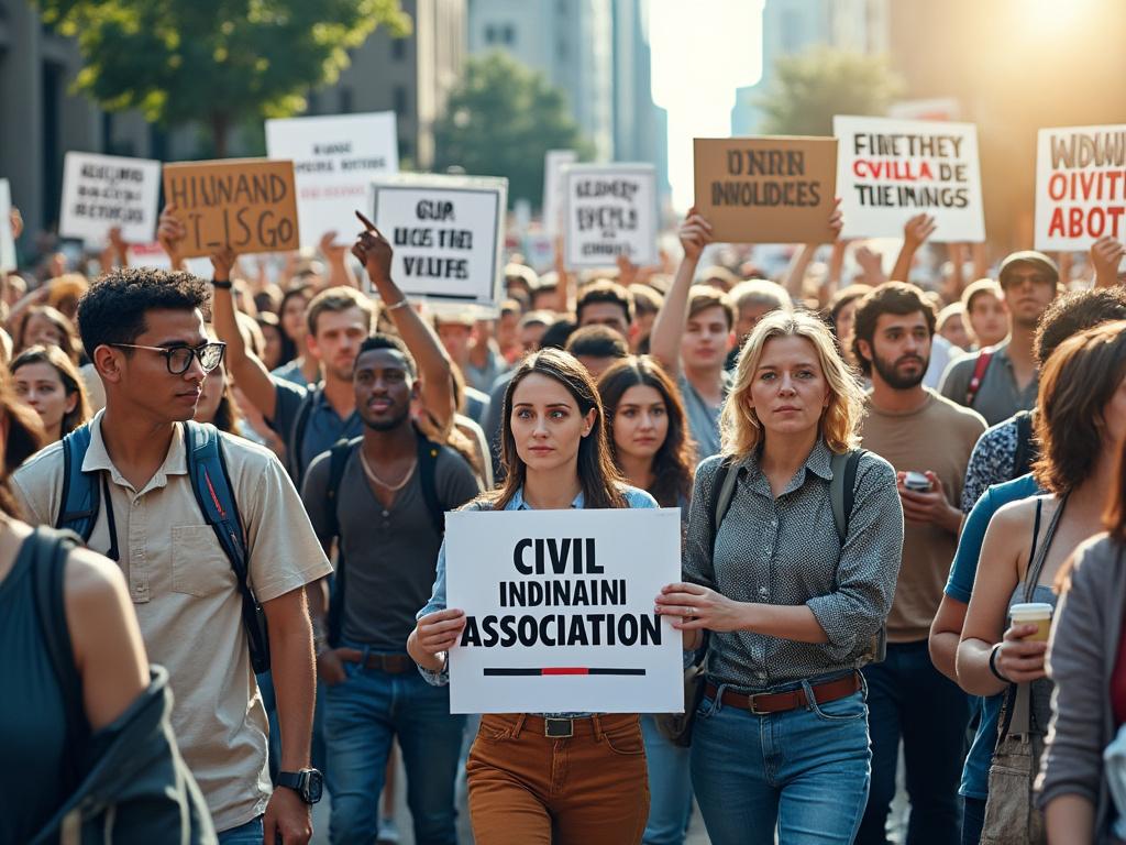 Protesta callejera con diversas personas sosteniendo carteles, enfoque en un cartel que dice 'Civil Indiani Association'.