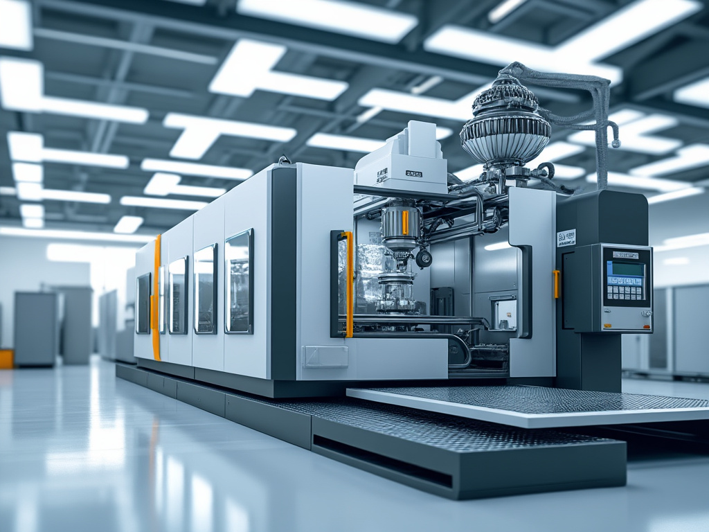 Máquina industrial moderna con tecnología avanzada en una fábrica iluminada.