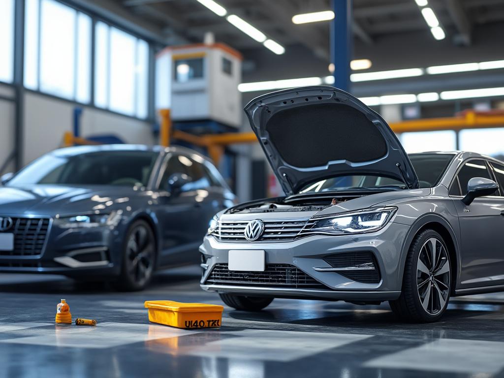 Taller mecánico con coche Volkswagen gris con capó abierto, bidón de aceite y bandeja de drenaje en el suelo. Taller mecánico con coche Volkswagen gris con capó abierto, bidón de aceite y bandeja de drenaje en el suelo.