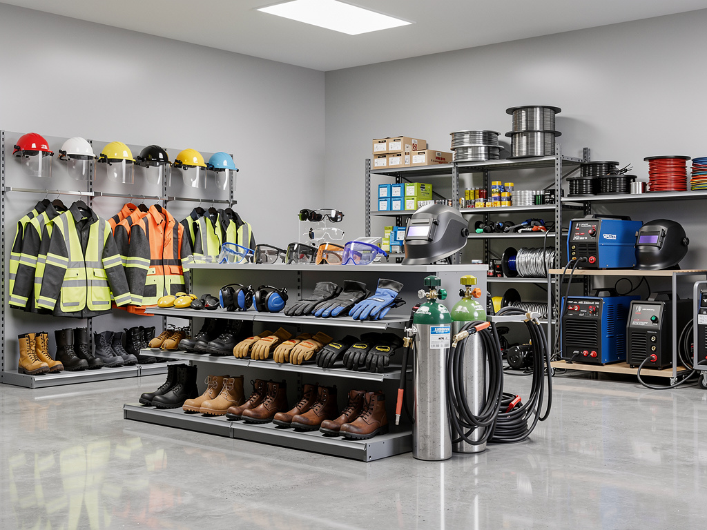 Almacén de equipos de seguridad industrial con cascos, chalecos reflectantes, guantes, botas, gafas y máquinas de soldadura