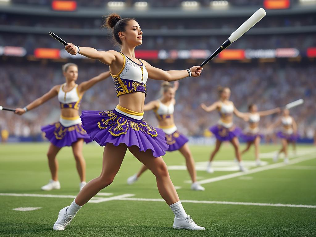 Cheerleaders in purple uniforms performing a routine with batons on a sports field.