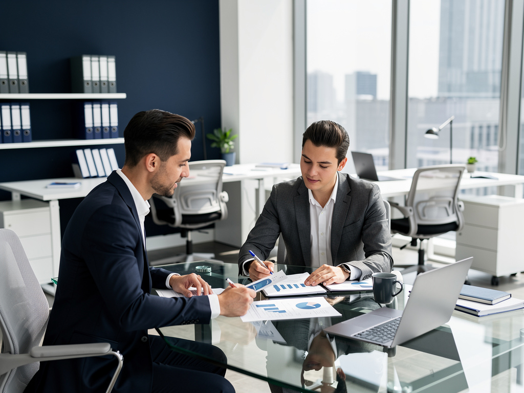 Dos profesionales de negocios analizan gráficos financieros en una oficina moderna con portátil y documentos sobre la mesa