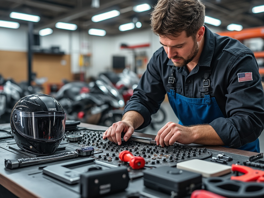 Hombre trabajando en un taller de motocicletas, con herramientas y casco sobre la mesa