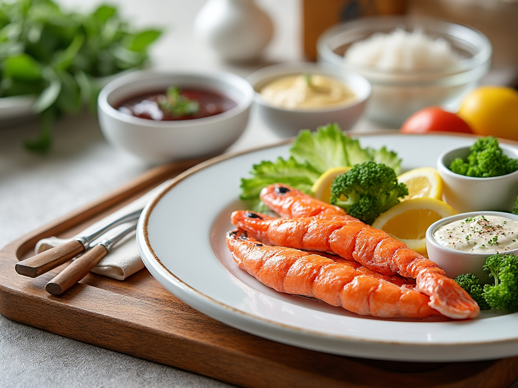 Plato de gambas asadas con brócoli, rodajas de limón y aderezo, servido en una tabla de madera con cubiertos.