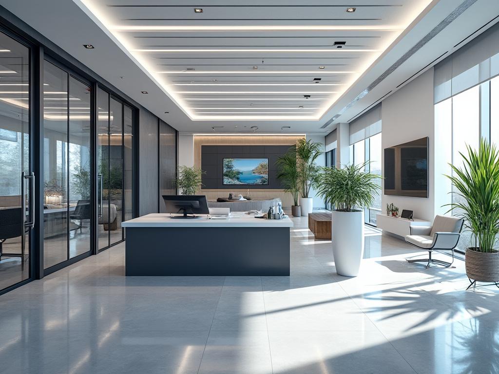 Modern office reception area with sleek desk, potted plants, glass walls, and ambient lighting.