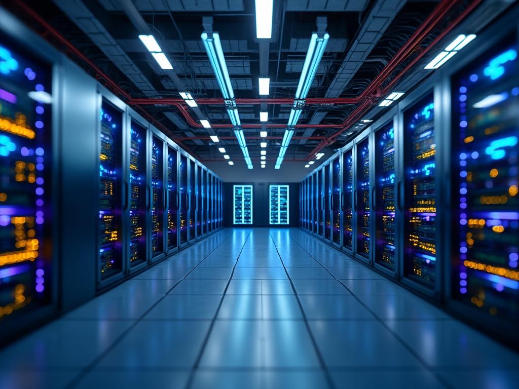 Centro de datos moderno con racks de servidores iluminados y pasillo central.