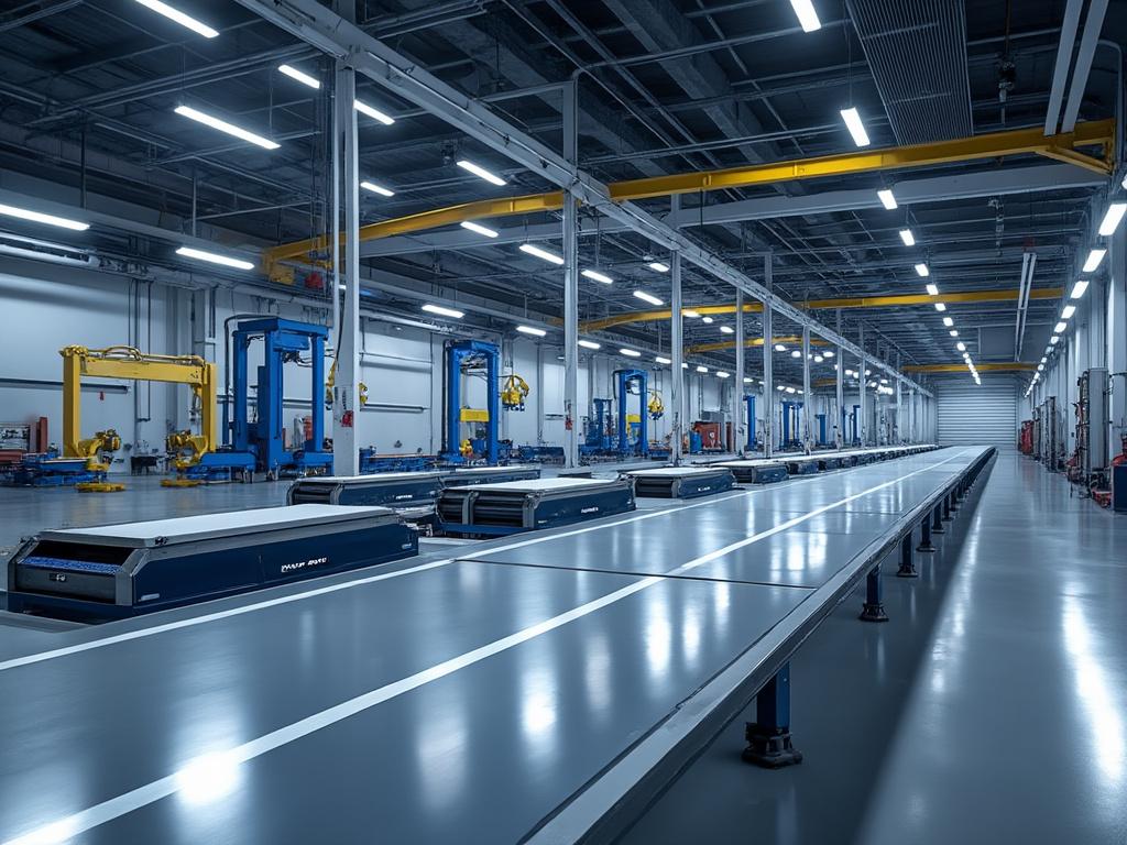 Modern automotive manufacturing facility with automated assembly lines and robotic machinery. Modern automotive manufacturing facility with automated assembly lines and robotic machinery.