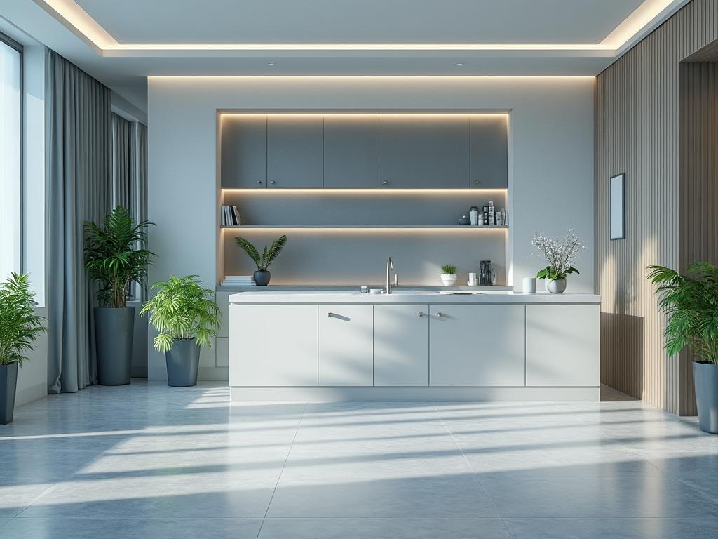 Cocina moderna con muebles blancos, plantas en macetas y luz natural
