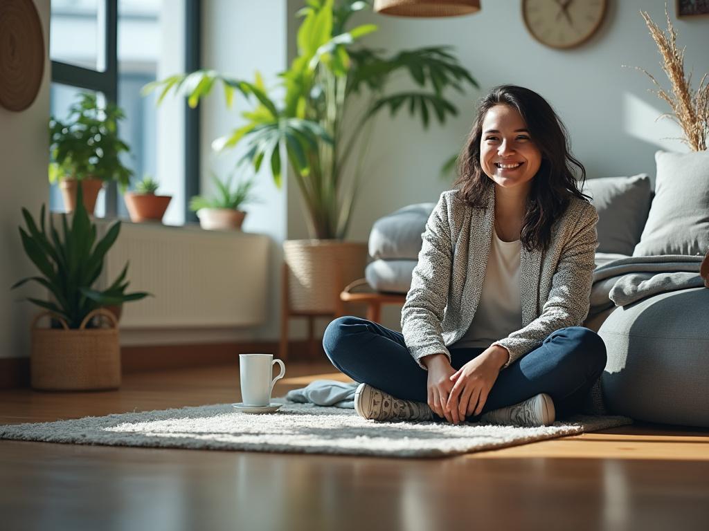 Smiling woman sitting cross-legged on a rug in a cozy living room with houseplants and warm natural light.