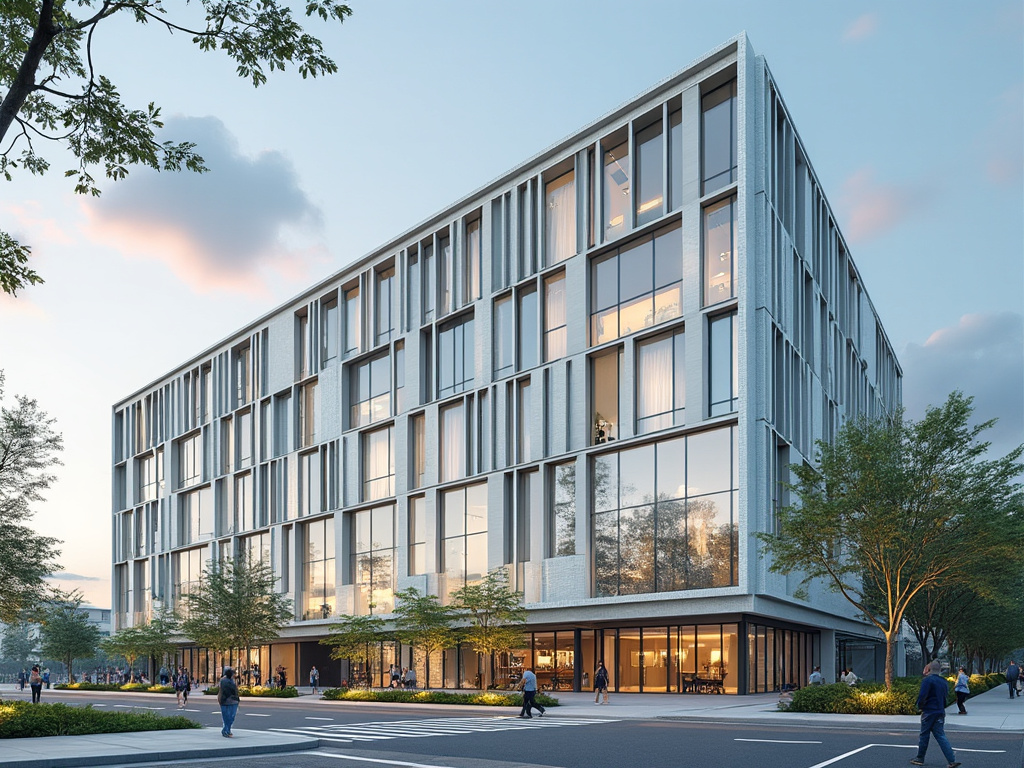 Modern glass office building with trees and pedestrians in an urban setting at dusk.