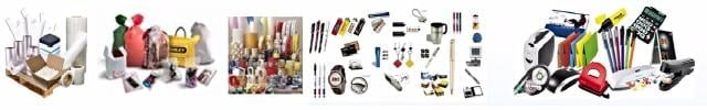 Collage de artículos de papelería y merchandising, incluyendo cajas, bolsas, tazas, bolígrafos, y camisetas.