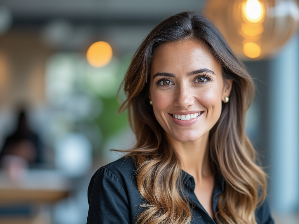 Portrait of a smiling woman with long brown hair and a black shirt, standing indoors with blurred lights in the background. Portrait of a smiling woman with long brown hair and a black shirt, standing indoors with blurred lights in the background.