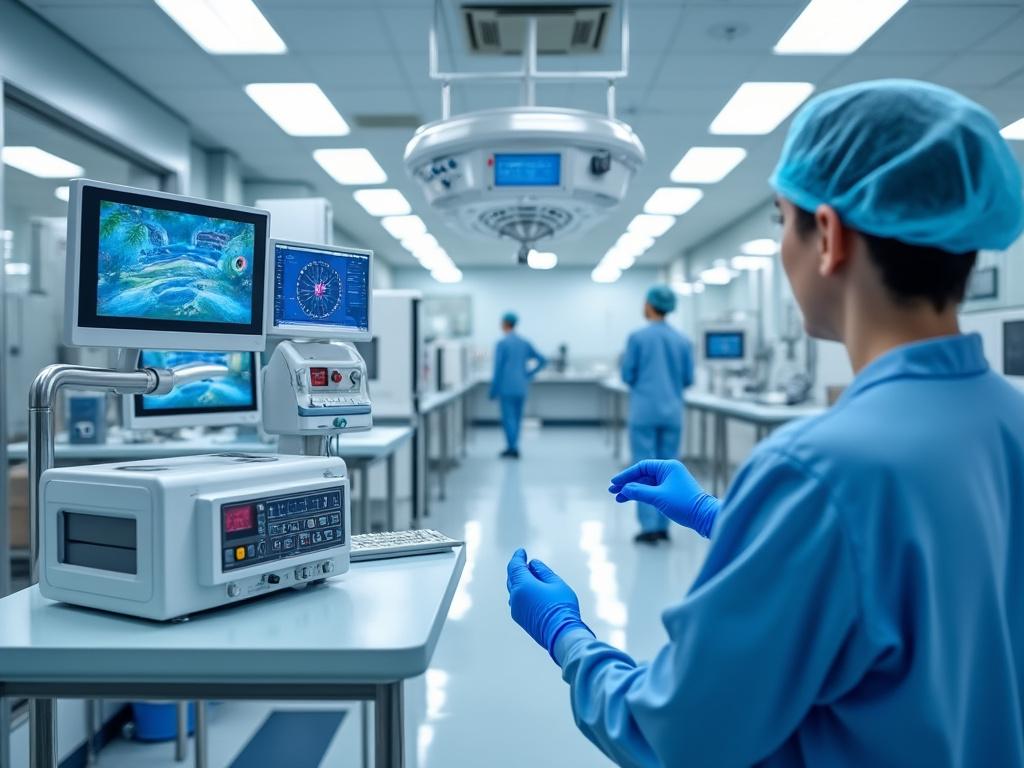 Profesionales de la salud en una sala de operaciones moderna con equipo médico avanzado y pantallas digitales.