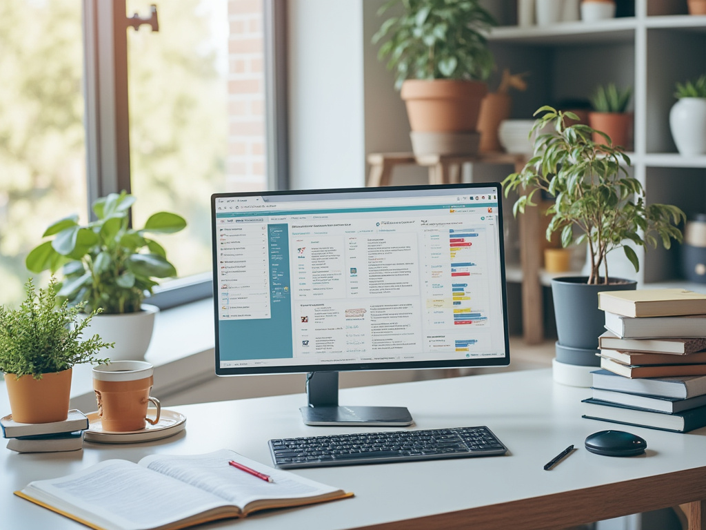 Modern home office setup with computer monitor displaying software dashboard, surrounded by plants and books on a desk near a large window.