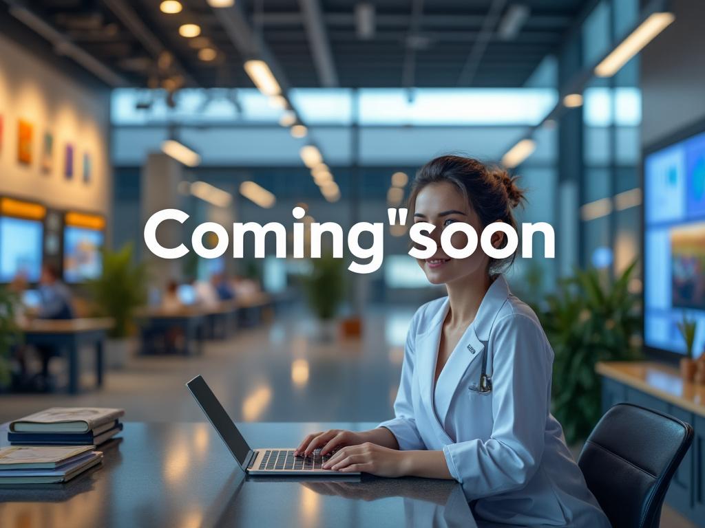 Woman in a modern office setting using a laptop with 'Coming Soon' text overlay.