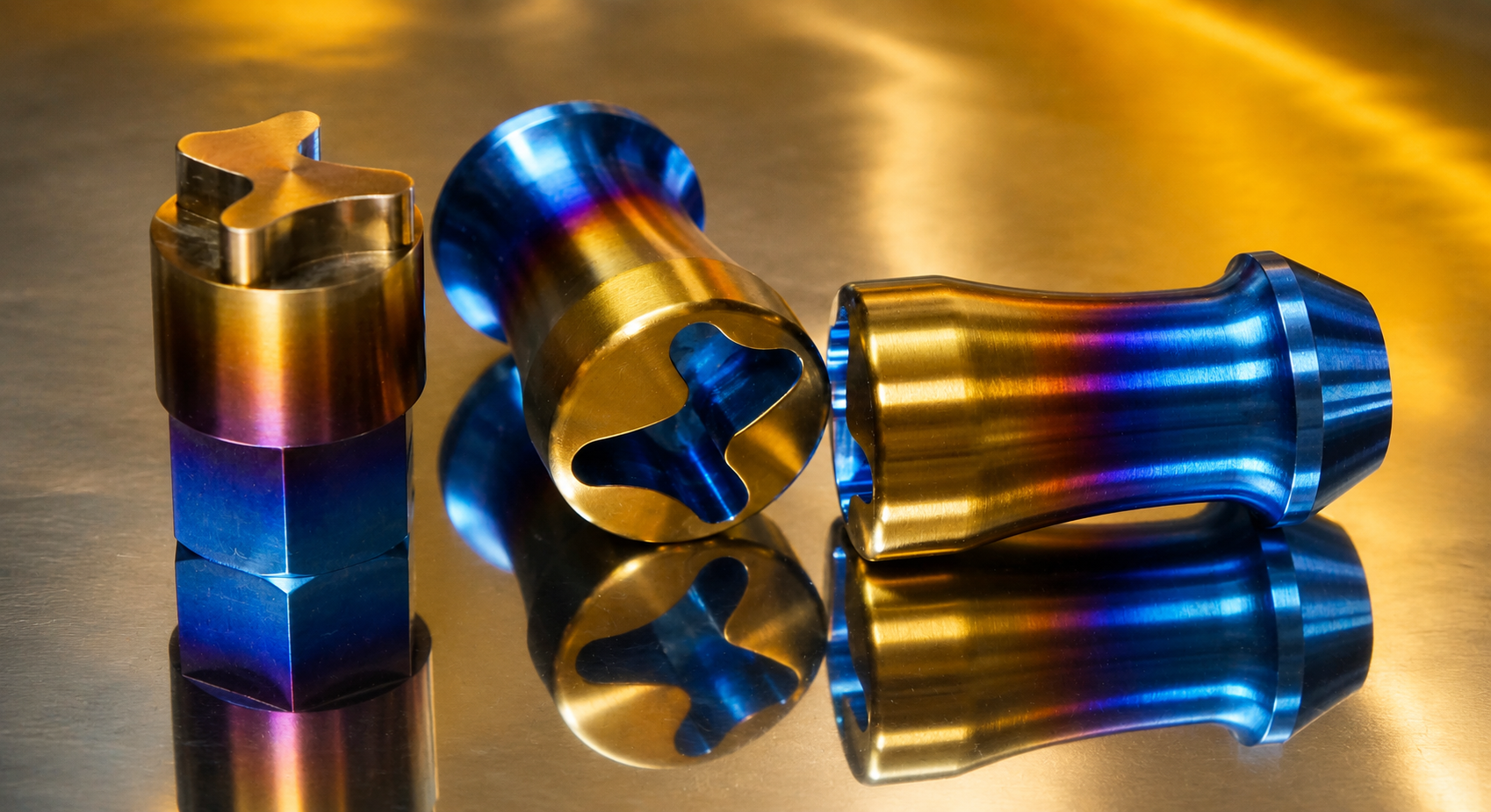 Colorful aftermarket wheel lug nuts and bolts displayed in front of a sports car wheel
