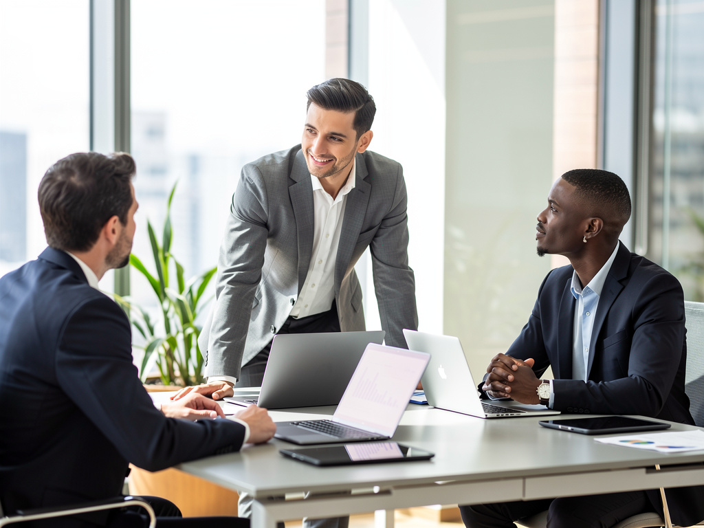 Equipo de negocios en reunión corporativa con portátiles en oficina moderna