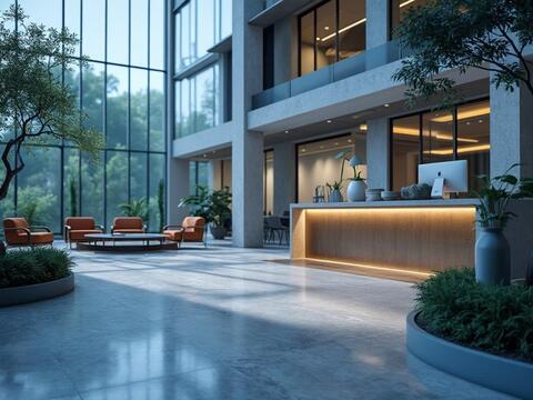 Vestíbulo moderno y luminoso con recepción iluminada, muebles de diseño contemporáneo, plantas decorativas y amplias ventanas que aprovechan la luz natural. Vestíbulo moderno y luminoso con recepción iluminada, muebles de diseño contemporáneo, plantas decorativas y amplias ventanas que aprovechan la luz natural.