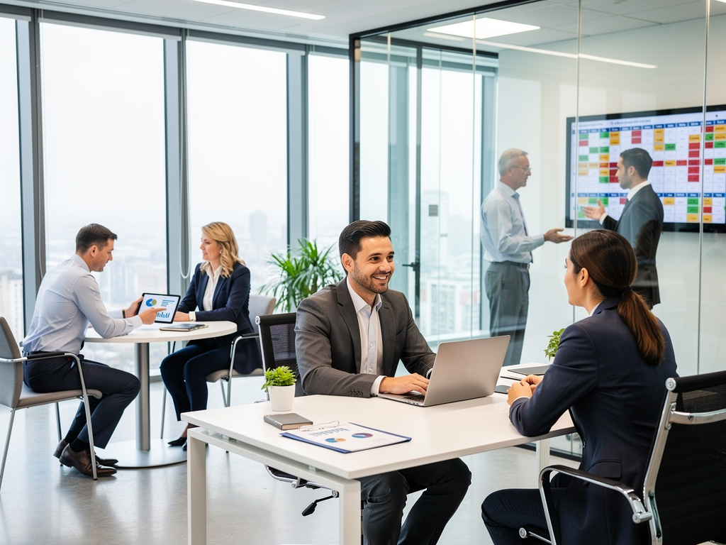 Profesionales en reunión de negocios en oficina moderna con laptop, gráficos y tablero de planificación