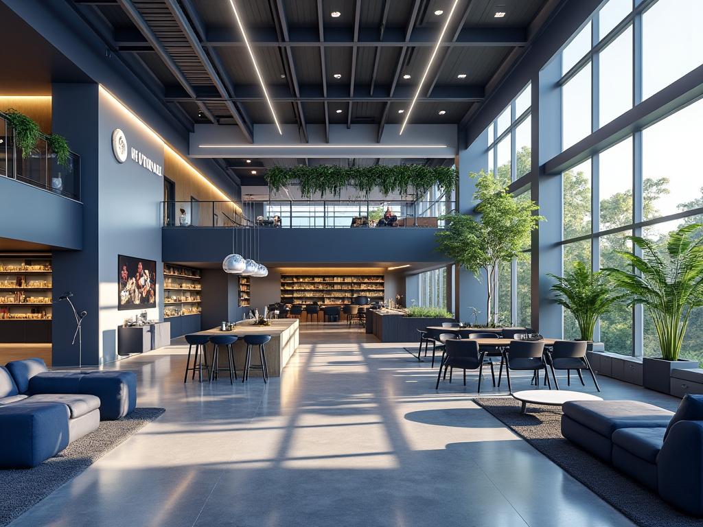 Interior moderno de área de descanso con sofás azules, mesas y sillas negras, plantas de interior y grandes ventanales que iluminan el espacio.