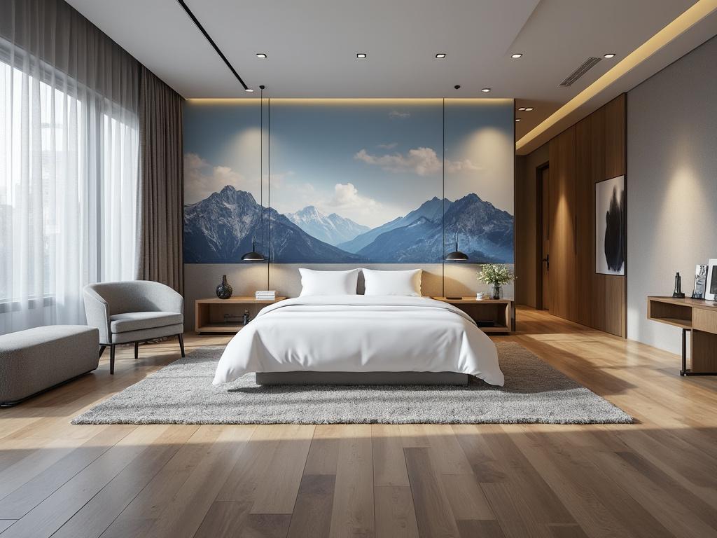 Dormitorio moderno con cama blanca, decoración minimalista, fondo de mural montañoso y luz natural.