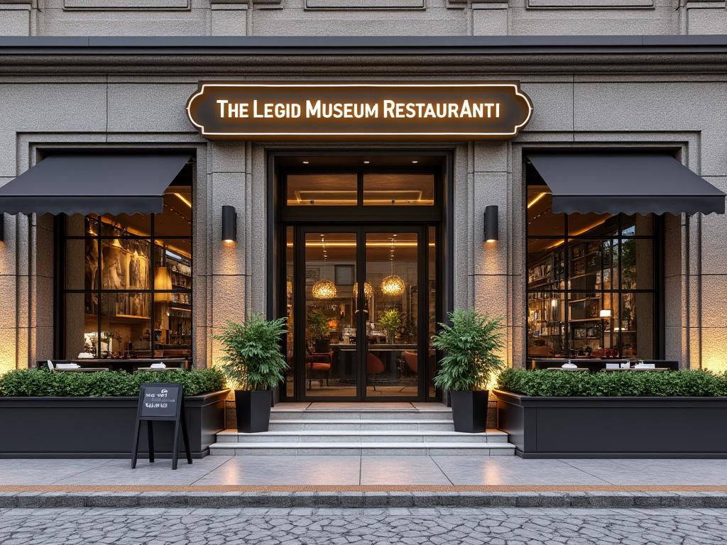 Fachada del The Legid Museum Restaurant con iluminación cálida, grandes ventanales y plantas decorativas. Fachada del The Legid Museum Restaurant con iluminación cálida, grandes ventanales y plantas decorativas.