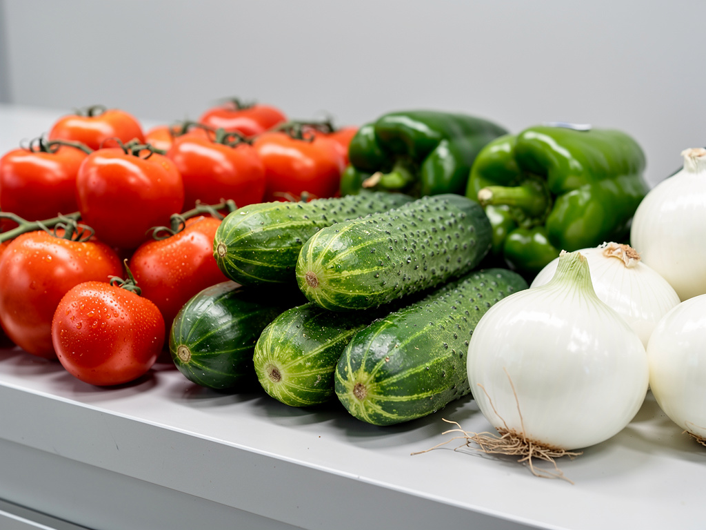 Verduras frescas con tomates rojos, pepinos, pimientos verdes y cebollas blancas sobre encimera