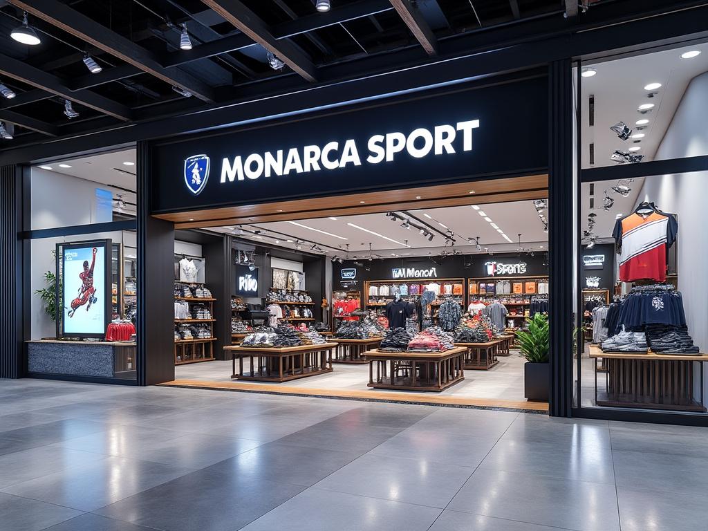 Tienda de ropa deportiva Monarca Sport con fachada iluminada y productos en exhibición.