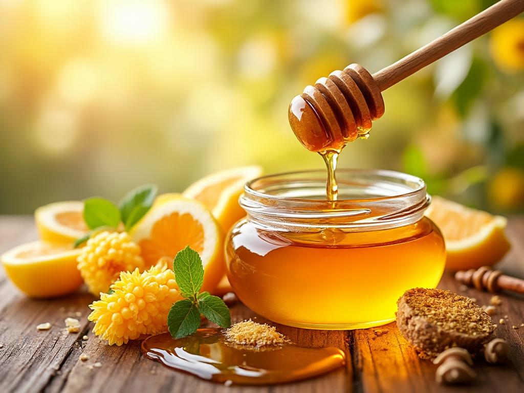 Tarro de miel con dipper de madera, flores amarillas y rodajas de limón sobre mesa de madera.