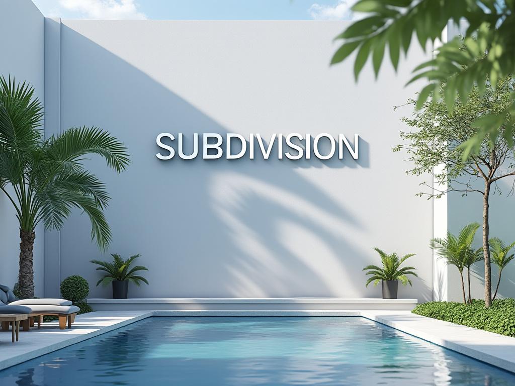 Piscina al aire libre junto a un jardín con palmeras y plantas, muro blanco con la palabra 'SUBDIVISION' en letras grandes.