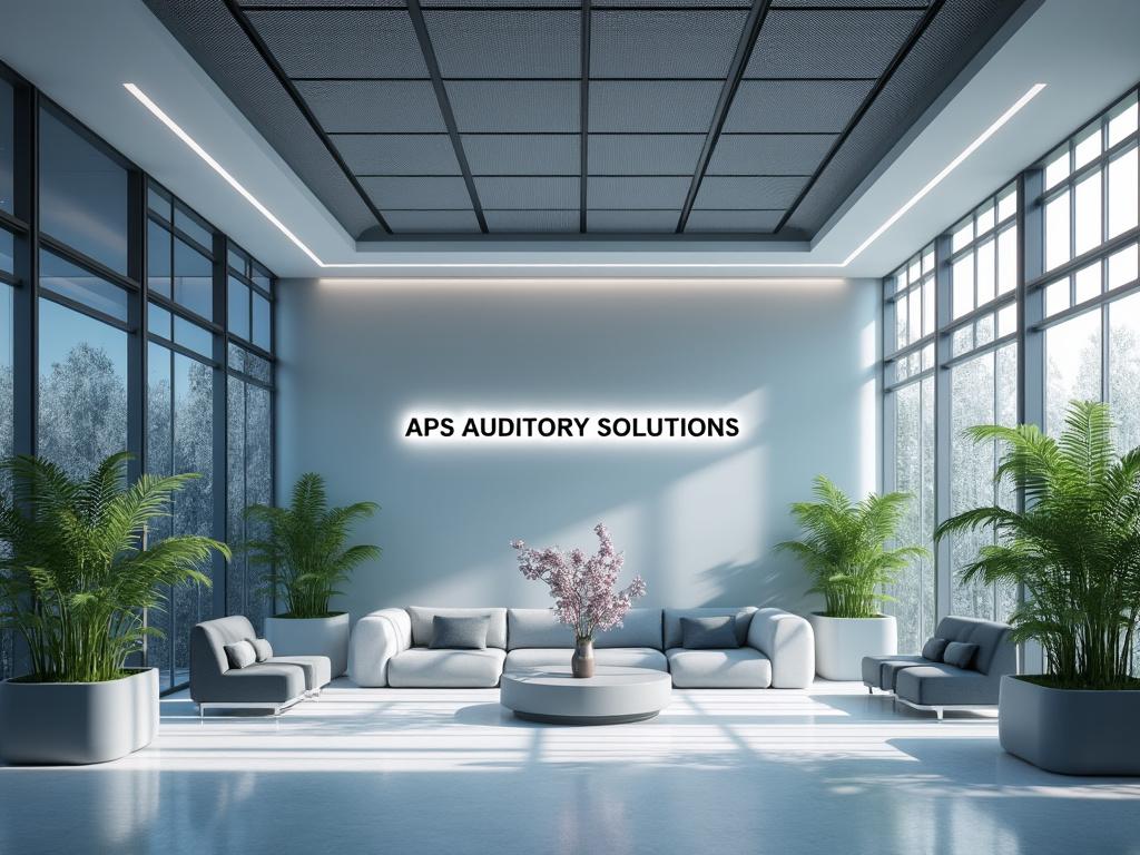 Sala de espera moderna con grandes ventanales, sofás grises, plantas decorativas y letrero de 'APS Auditory Solutions' en la pared.