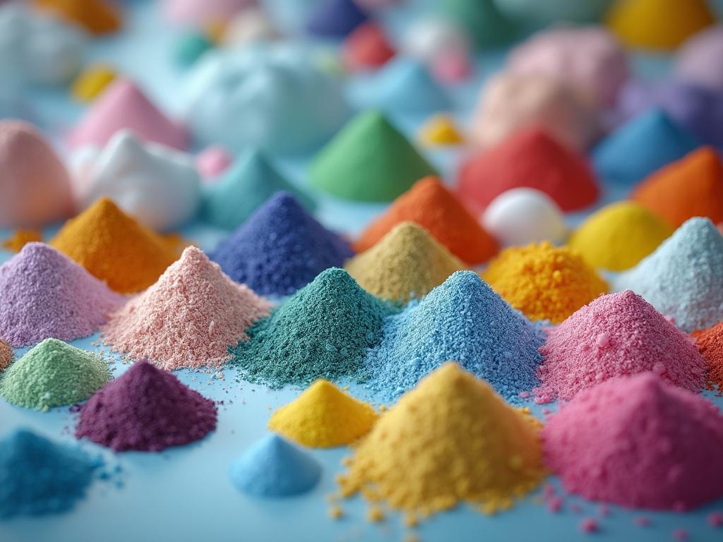 Montones de polvo de colores vibrantes sobre una superficie azul.