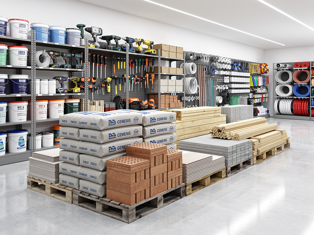 Tienda de materiales de construcción con sacos de cemento, ladrillos, madera, herramientas eléctricas, pintura y suministros organizados