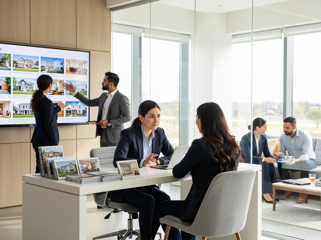 Agentes inmobiliarios asesorando a clientes en una oficina moderna con pantalla de propiedades y folletos de casas Agentes inmobiliarios asesorando a clientes en una oficina moderna con pantalla de propiedades y folletos de casas