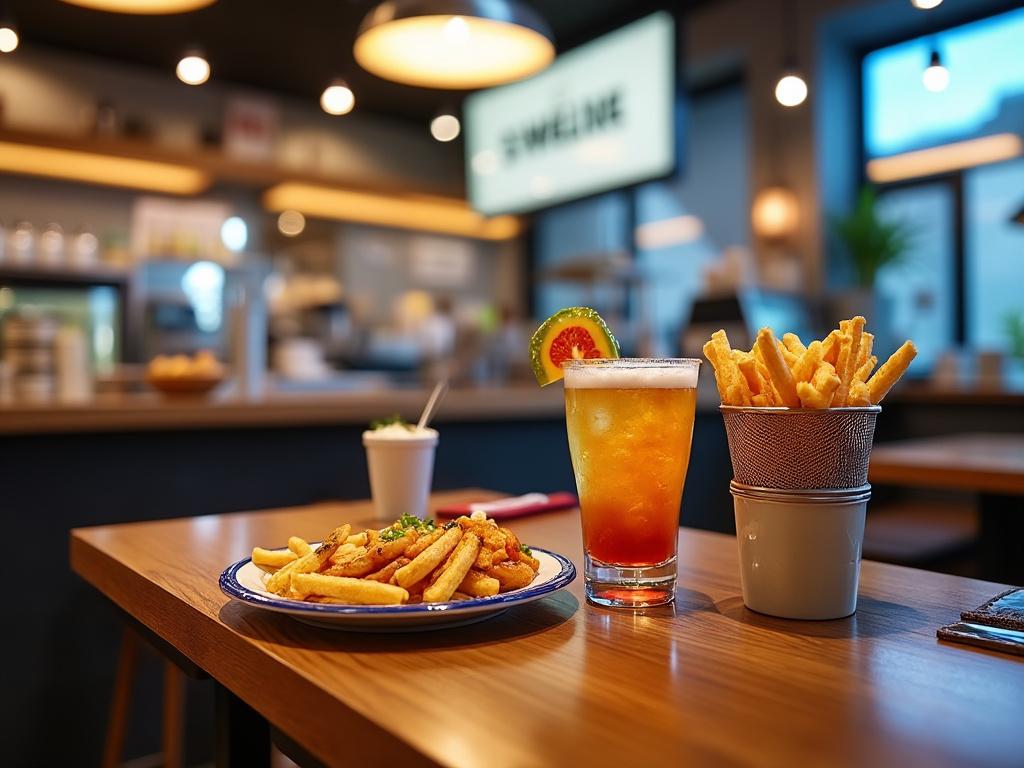 Plato con papas fritas, bebida con rodaja de naranja y canasta de papas fritas sobre mesa en moderno café iluminado.