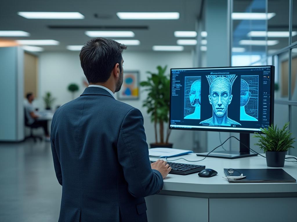 Man in office viewing digital 3D model on computer screen, surrounded by plants and modern decor.

