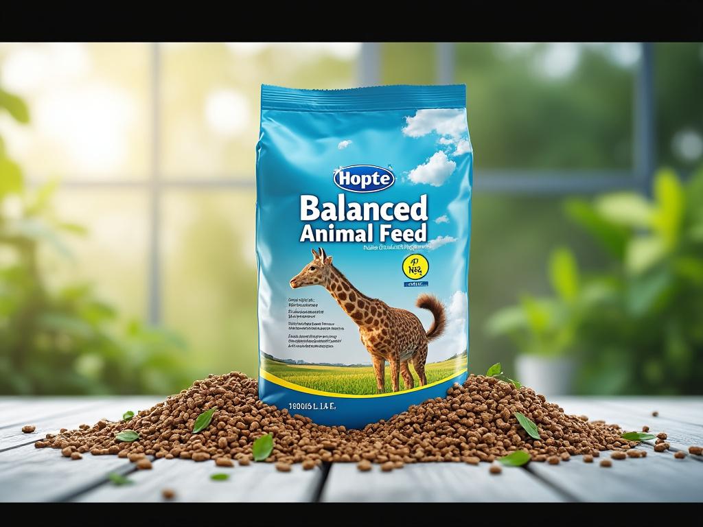 Bolsa de alimento balanceado para animales frente a una ventana con fondo de jardín, rodeada de pellets y hojas verdes.