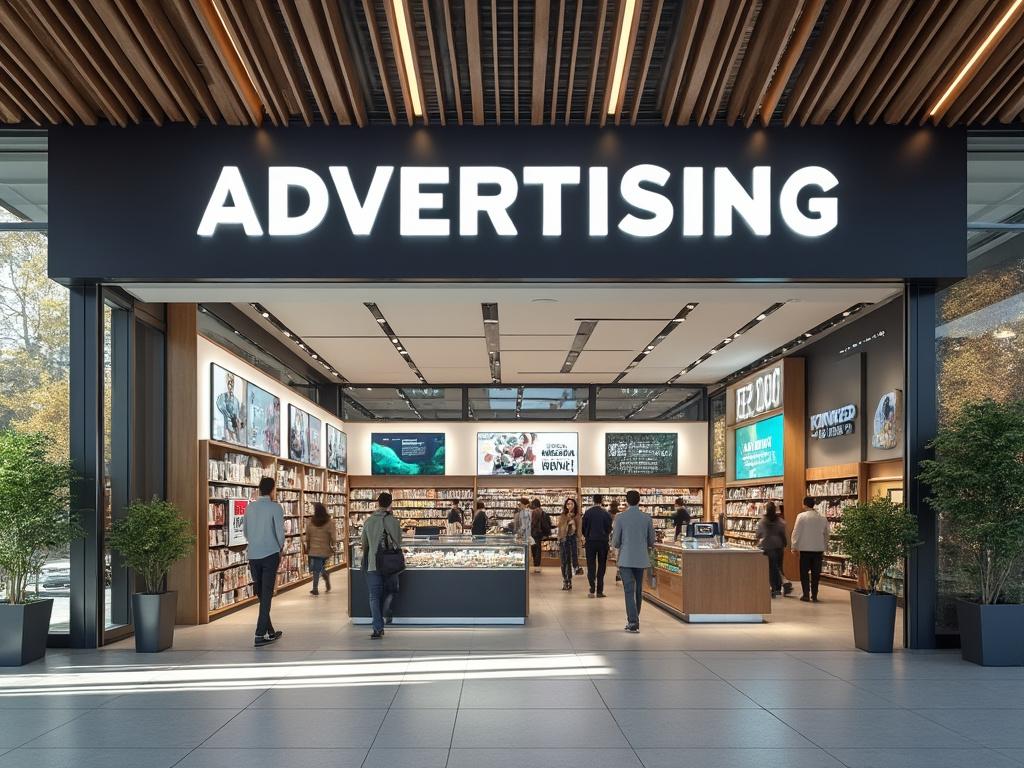 Entrada a una tienda con letrero de 'Advertising', interior moderno con estantes de productos y personas comprando.