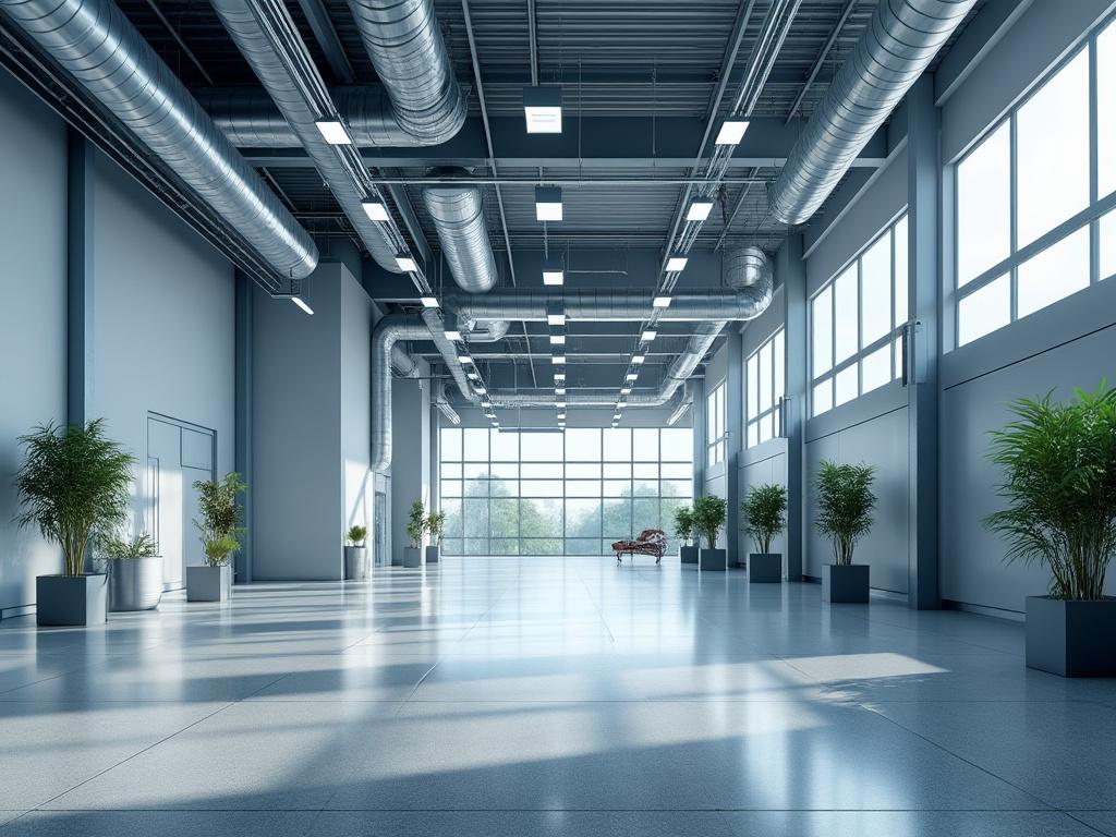 Interior de un amplio espacio industrial con grandes ventanales, conductos de ventilación expuestos y plantas decorativas en macetas.