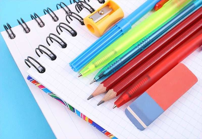 Pens, pencils, eraser and notebooks for school